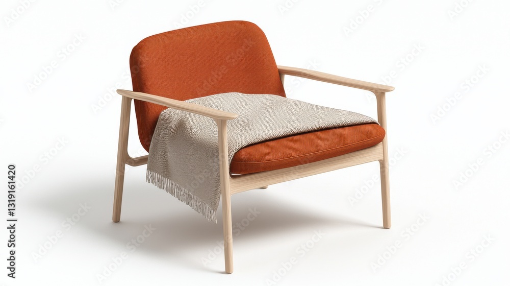 Relaxing Orange Armchair with Cream Throw Blanket on White Background Relaxing Orange Armchair with Cream Throw Blanket on White Background