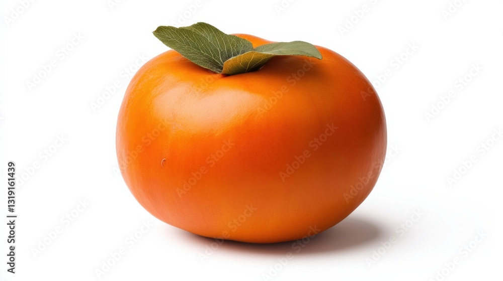 Ripe Orange Persimmon with Green Leaves on White Background Ripe Orange Persimmon with Green Leaves on White Background