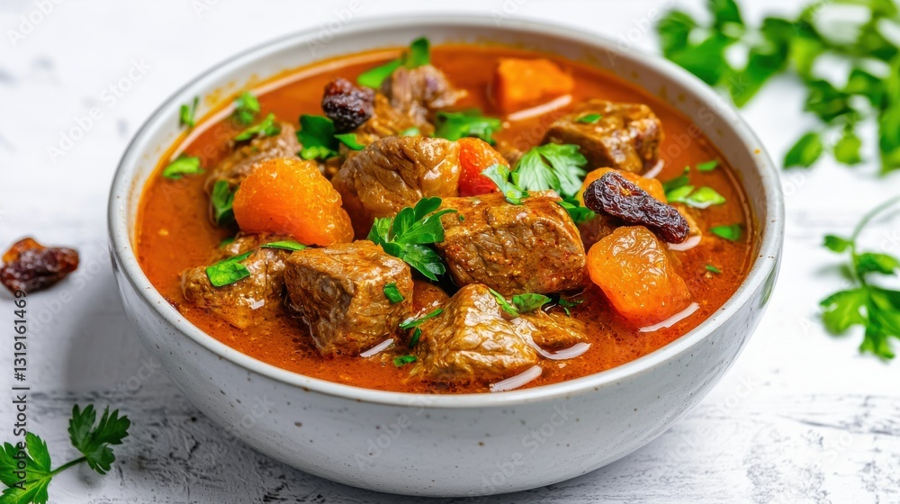 Rich Beef Stew with Carrots and Raisins in a Rustic Bowl Rich Beef Stew with Carrots and Raisins in a Rustic Bowl