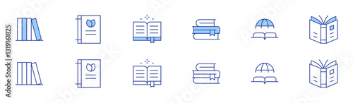 Book icon set in two styles, Duotone and Thin Line style. Editable stroke. books, recipe book, spell book, book