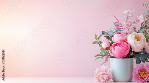 Beautiful pink peonies and assorted flowers in light blue pot against soft pink background create serene and cheerful atmosphere