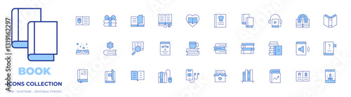 Book icons collection. Line Duotone style, editable stroke. book, books, audio book, magic book, law book, comic book, open book, manual book, cook book