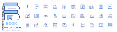 Book icons collection. Line Duotone style, editable stroke. book, open book, art book, medical book, quran, books, bookmark, literature, journal, guide book