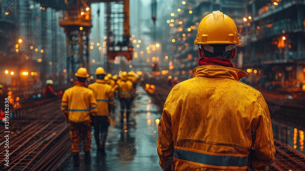Obraz premium Construction workers walking on a wet site