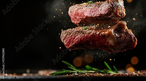 Fototapeta Naklejka Na Ścianę i Meble -  Two beautifully cooked beef steaks levitate above a dark background, adorned with spices and herbs, showcasing the art of cooking and the rich textures of quality meat.