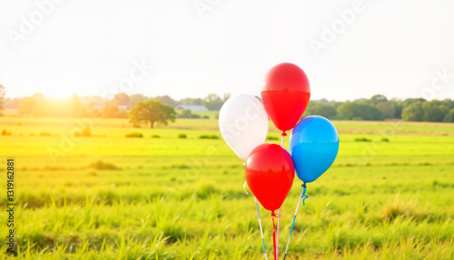 Colorful balloons in grassy field during midday, festive celebration
