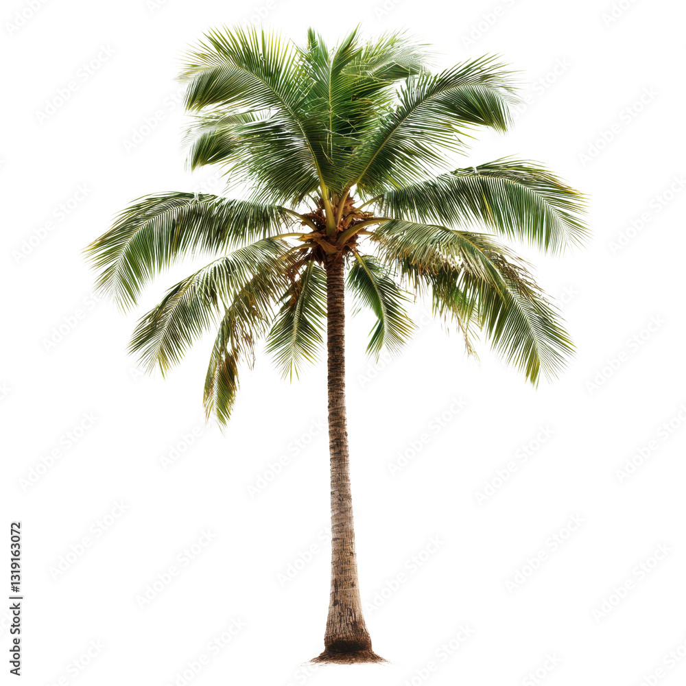 Obraz premium A tall palm tree with lush green fronds and a sturdy trunk. isolated on white background.