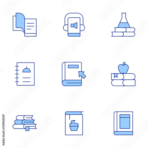 Book icons set. Line Duotone style, editable stroke. audio book, recipe book, book, books, apple, menu