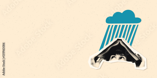 Surreal halftone art collage banner template with woman sheltering under open book like a roof while blue cloud rains down. Cut out paper clipping shapes. Modern retro vector illustration