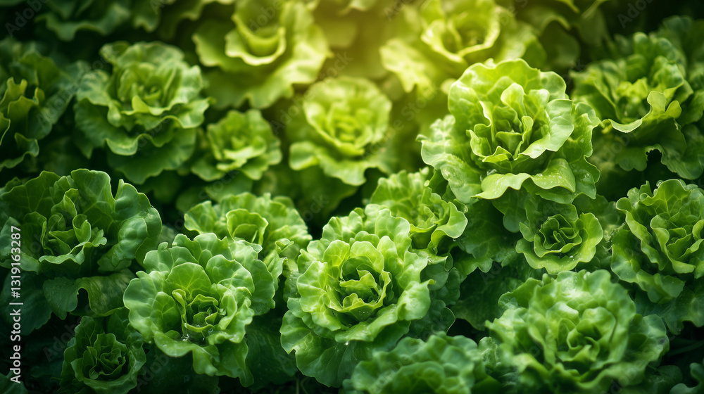 A field of vibrant green lettuce plants, neatly arranged in rows, bathed in golden morning light A field of vibrant green lettuce plants, neatly arranged in rows, bathed in golden morning light