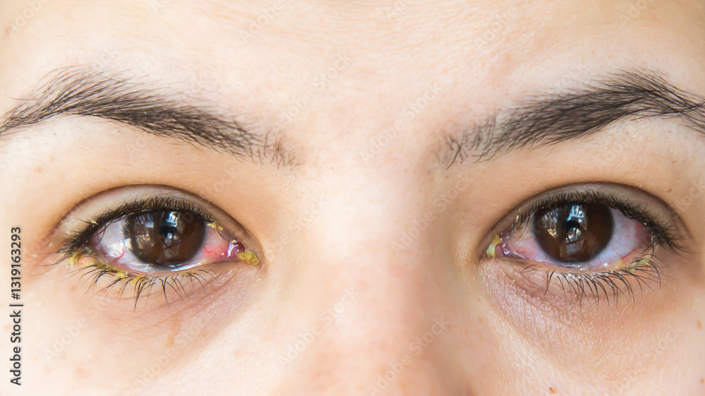 Obraz premium Close-up of human eyes with conjunctivitis, showing redness, irritation, and yellow discharge. The inflamed eyes indicate an eye infection, possibly bacterial or viral, requiring medical attention