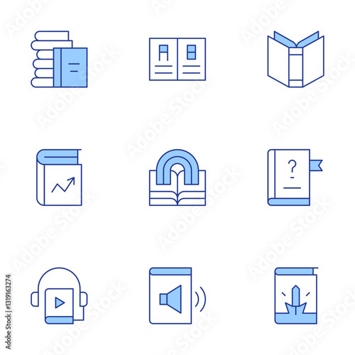 Book icons set. Line Duotone style, editable stroke. book, comic book, audio book, open book