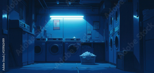 anime wallpaper illustration background, Moody Laundry Room at Night with Blue Neon Light and Washing Machine.