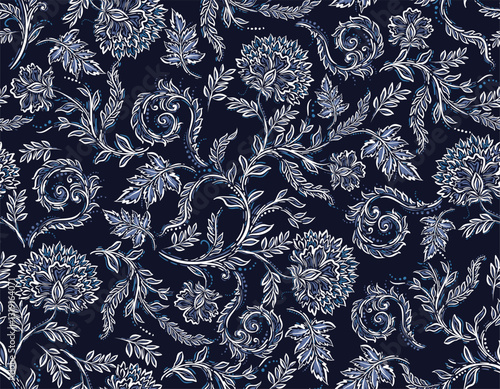 Trendy stylish Hand drawn  floral pattern with paisley and indian flower motifs. damask modern style pattern