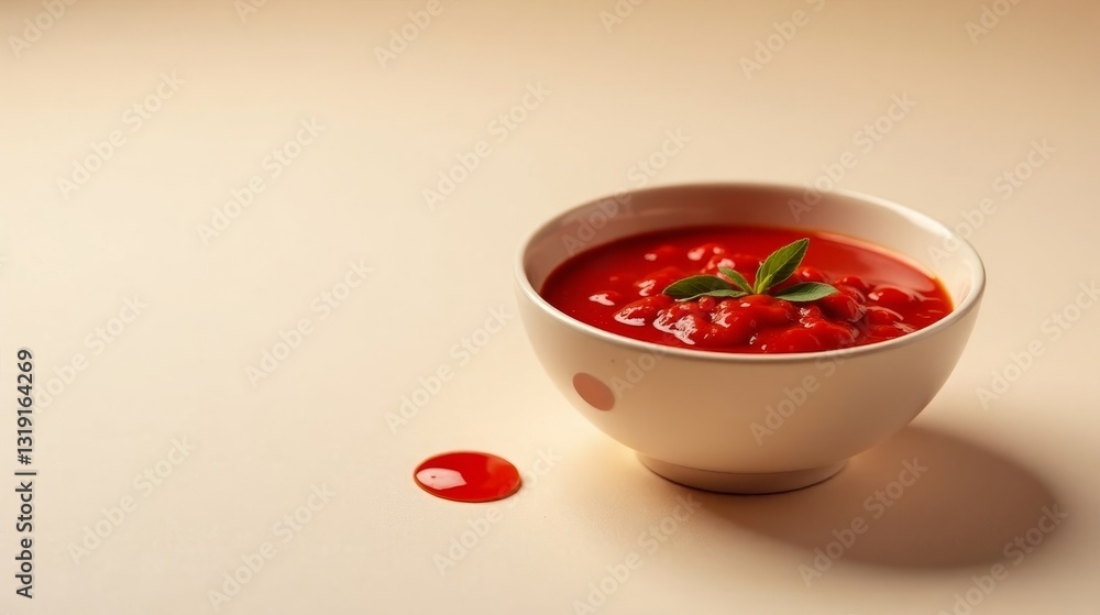 A bowl of vibrant red tomato sauce garnished with a fresh herb, a single drop of sauce on a pale surface. A bowl of vibrant red tomato sauce garnished with a fresh herb, a single drop of sauce on a pale surface.