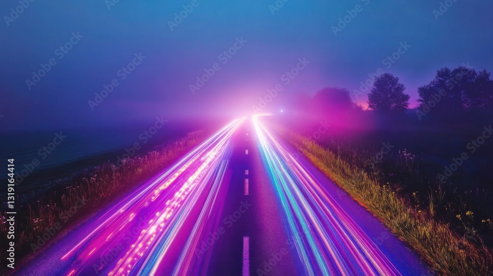 Vibrant Light Trails on a Foggy Road at Dusk Vibrant Light Trails on a Foggy Road at Dusk