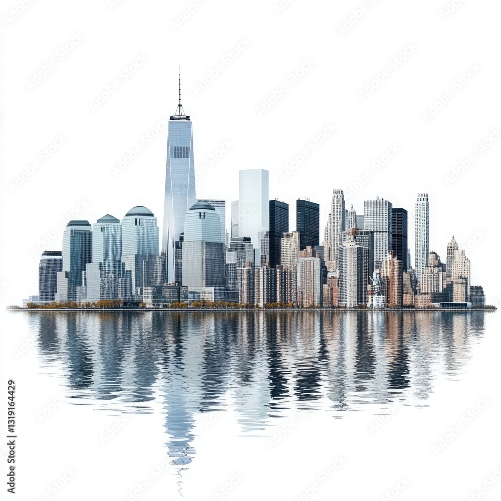 Obraz premium Stunning Panoramic View of the Lower Manhattan Skyline Reflected in Calm Waters