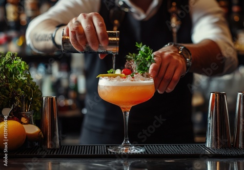 A bartender creating a signature cocktail with fresh ingredients and elegant garnishes, set in a trendy bar