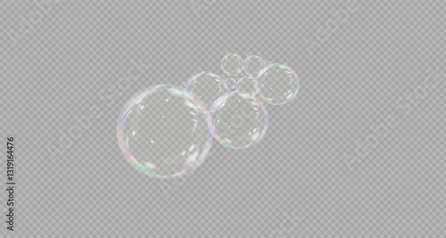 Set of realistic rainbow soap bubbles on a transparent background. Transparent realistic isolated coloured soap bubbles. Vector illustration. PNG