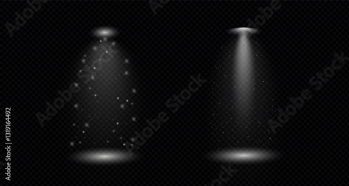 Glow effect with white rays and beams. Scene floodlight spotlight stage beam. Abstract light from a lamp or spotlight on a transparent background. Illuminated scene. Vector illustration. PNG
