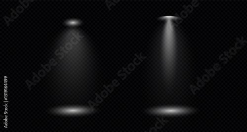Glow effect with white rays and beams. Scene floodlight spotlight stage beam. Abstract light from a lamp or spotlight on a transparent background. Illuminated scene. Vector illustration. PNG