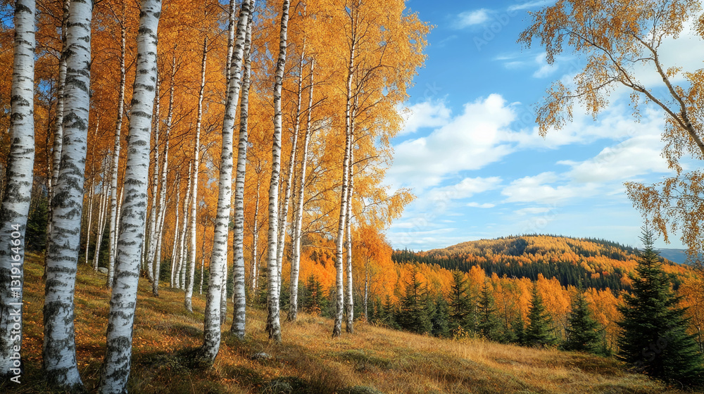 Obraz premium Golden birch trees line a hillside under a partly cloudy sky, showcasing autumnal colors and natural beauty, representative of seasonal change and tranquility