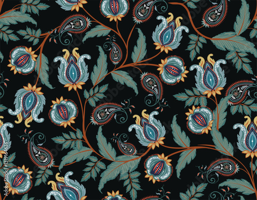 Trendy stylish  floral pattern with paisley and indian flower motifs. damask modern style pattern