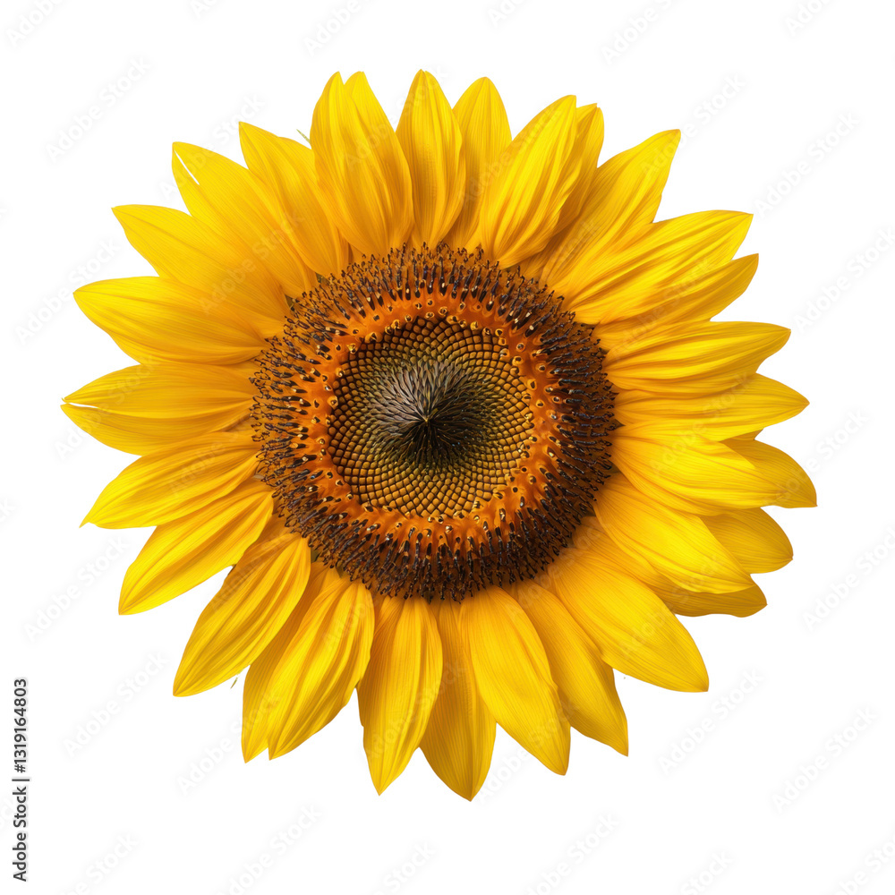 Fototapeta premium A vibrant sunflower with bright yellow petals surrounding a textured brown center. isolated on white background.