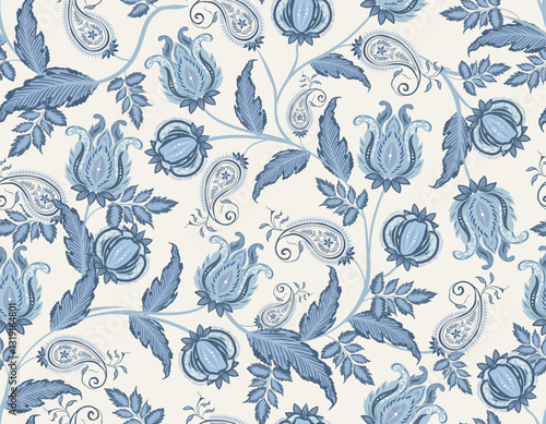 Trendy stylish Hand drawn Motone Blue  floral pattern with paisley and indian flower motifs. pattern