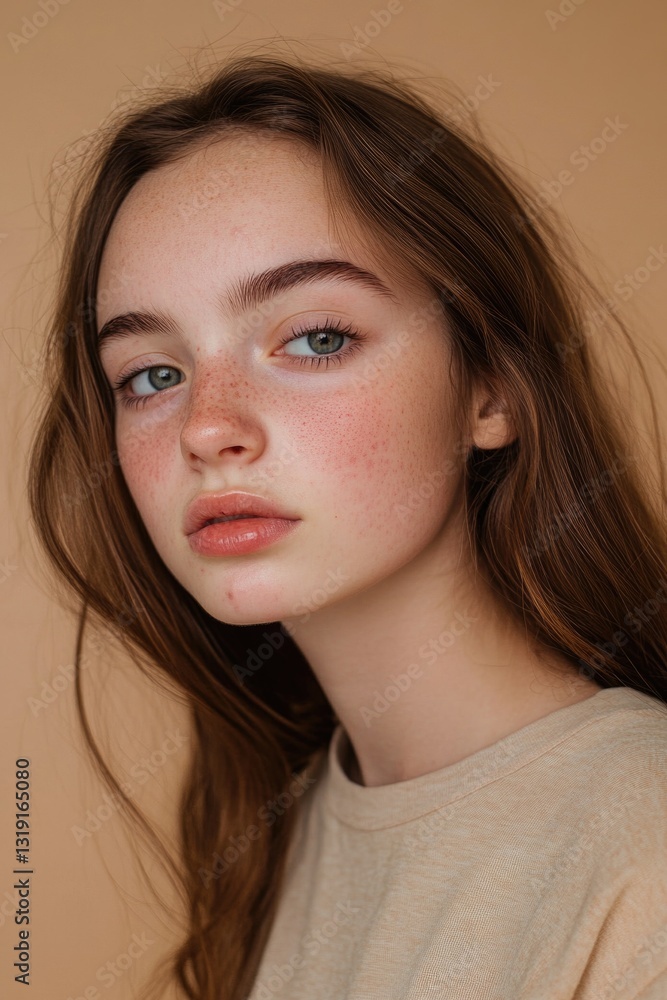 A young woman with freckles looking off to the side. A young woman with freckles looking off to the side.