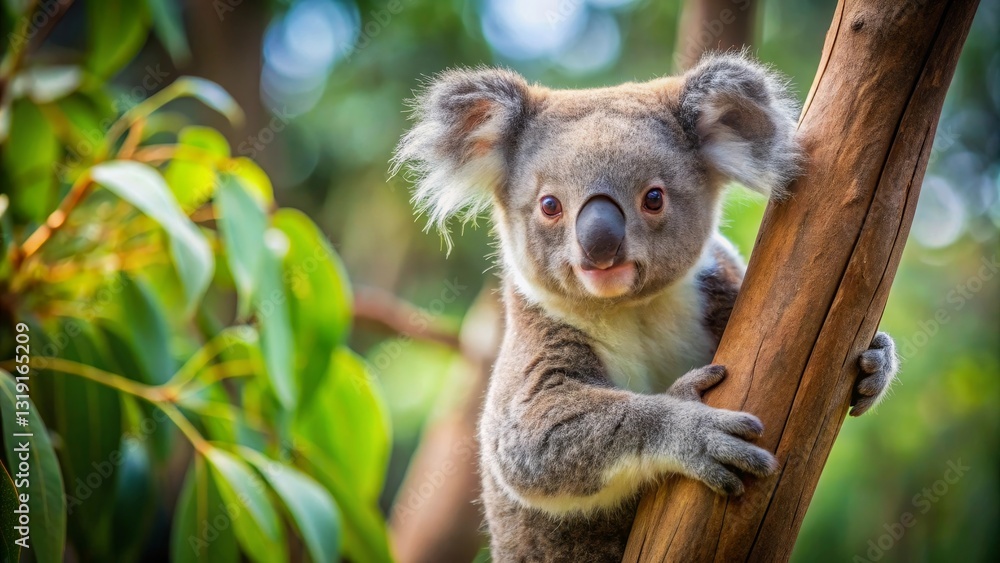 A charming koala clinging to a tree trunk in a lush green forest habitat A charming koala clinging to a tree trunk in a lush green forest habitat
