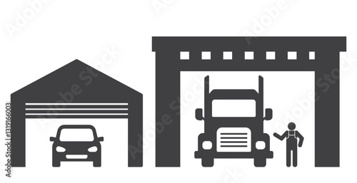 car and truck in garage with driver icon