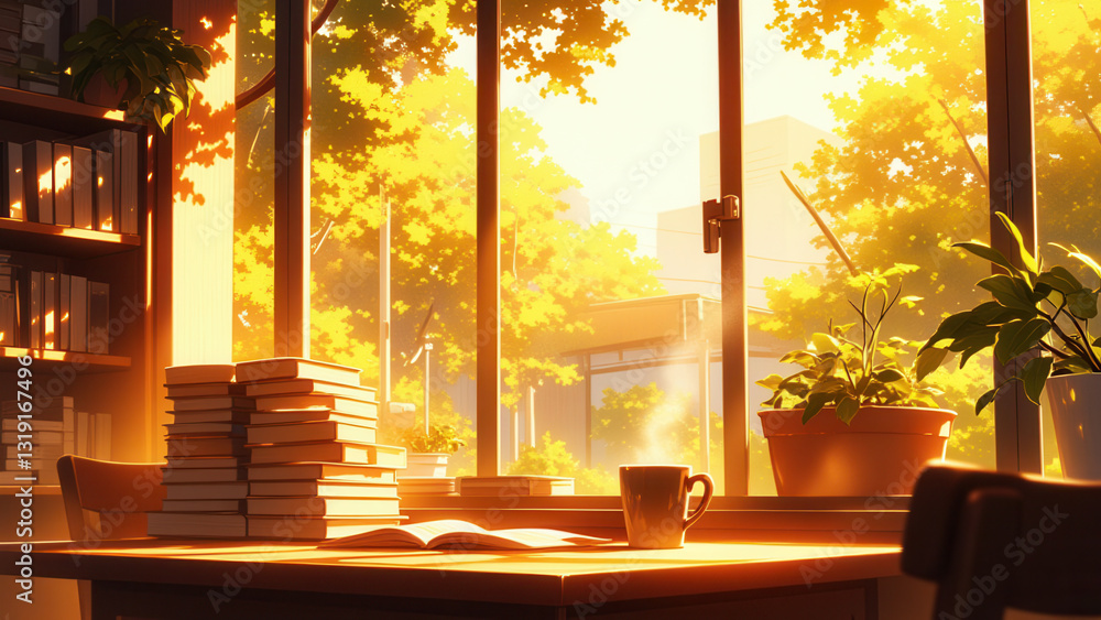 Fototapeta premium Anime wallpaper illustration background, Cozy Sunlit Room with a Warm Cup of Coffee by the Window.