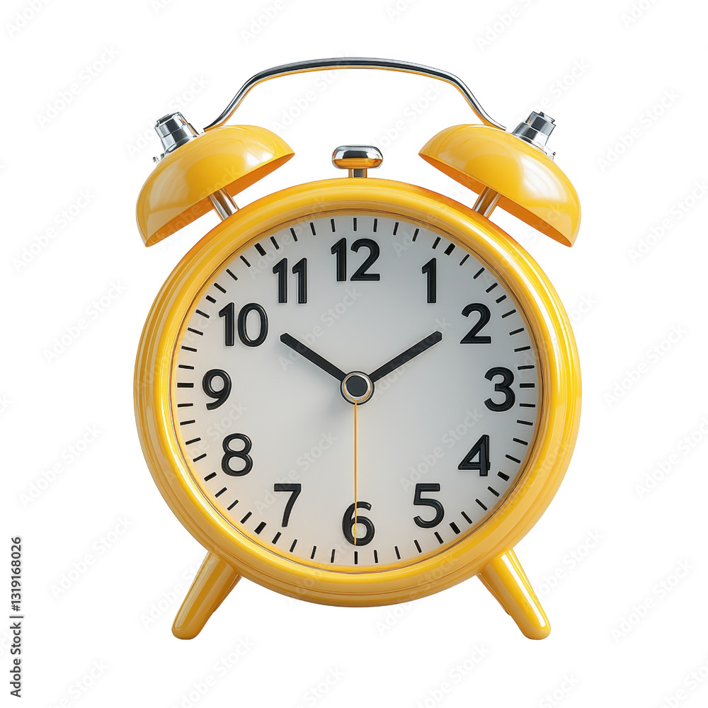 3D illustration of a yellow alarm clock with bells isolated on white background. 3D illustration of a yellow alarm clock with bells isolated on white background.
