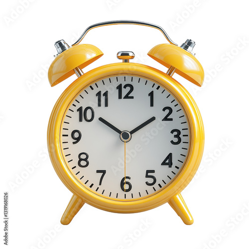 3D illustration of a yellow alarm clock with bells isolated on transparent background.