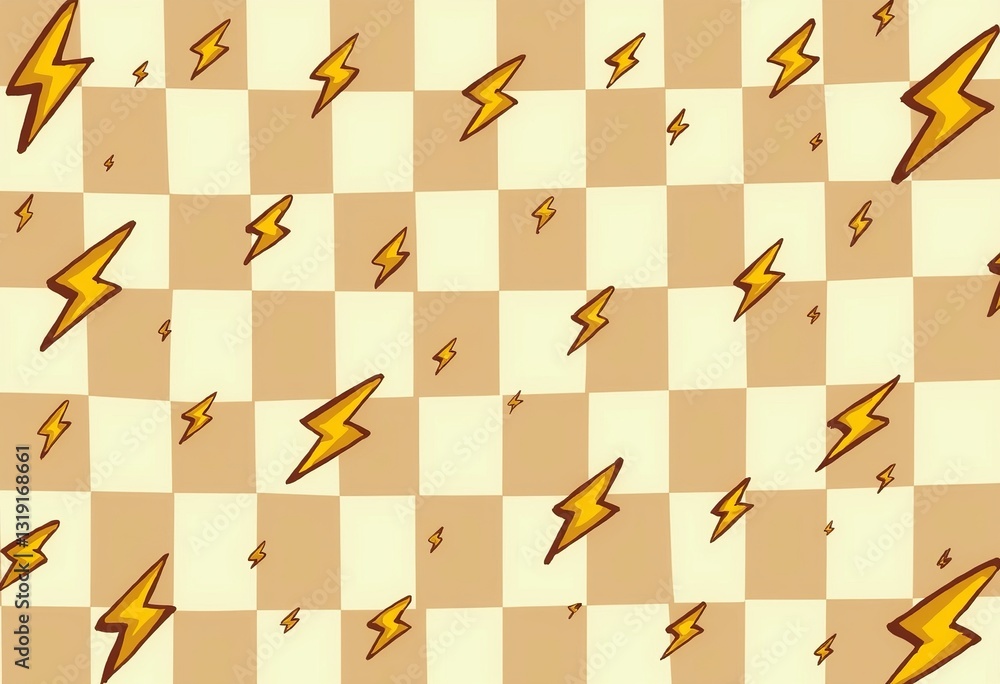 Beige Checkerboard Pattern with Cartoon Lightning Bolts: Add a playful and modern touch to your designs with this unique beige checkerboard featuring whimsical cartoon lightning bolts for a fun, eye-c Beige Checkerboard Pattern with Cartoon Lightning Bolts: Add a playful and modern touch to your designs with this unique beige checkerboard featuring whimsical cartoon lightning bolts for a fun, eye-c