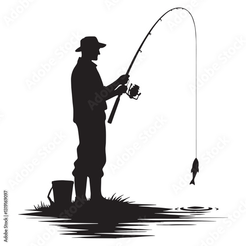 Lake Fisherman silhouette, embracing the tranquility of freshwater fishing - Fisherman illustration - Minimalist Fisherman vector - Profession silhouette
