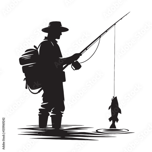 River Fisherman silhouette, taming the currents with skill - Fisherman illustration - Minimalist Fisherman vector - Profession silhouette
