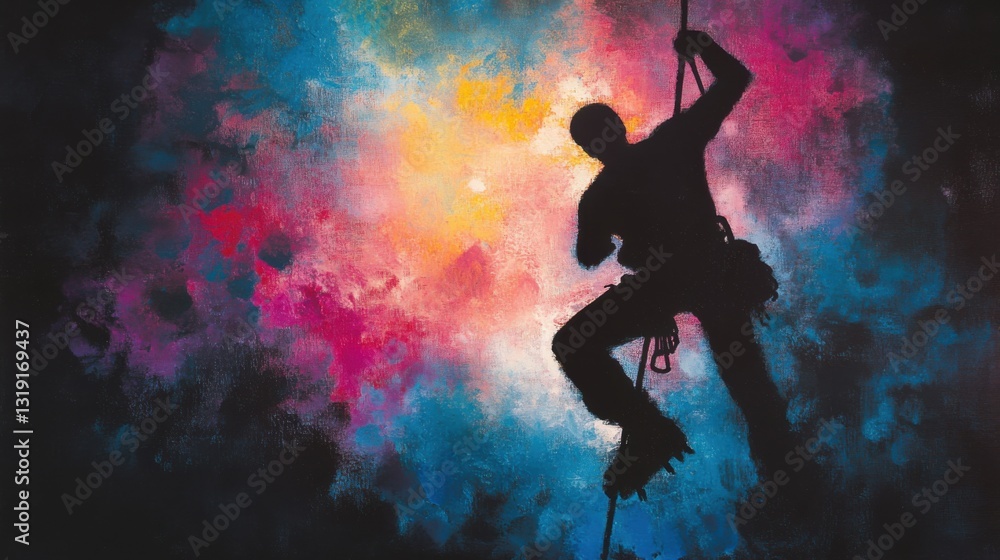 Naklejka premium Climber Profile Against Vivid Abstract Background of Colors