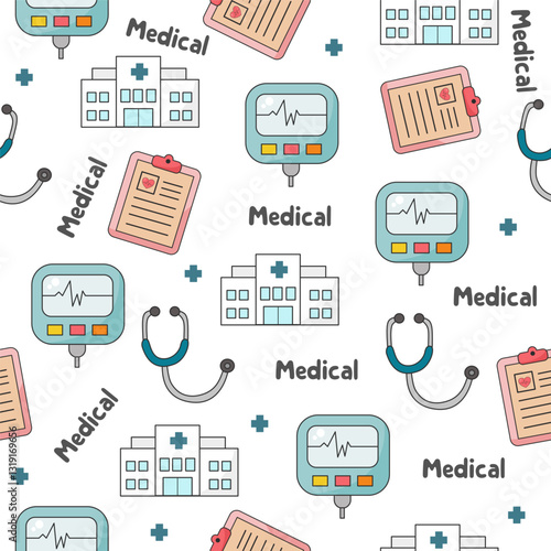 Medical Seamless Pattern – Healthcare Icons with Doctor Tools and Pharmacy Elements
