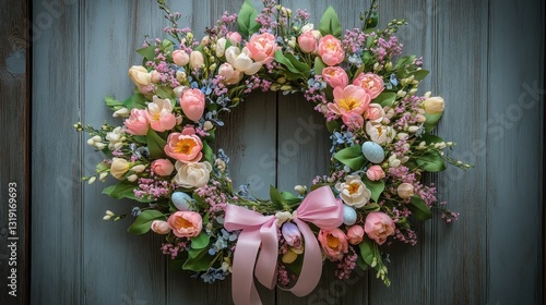 A vibrant wreath hangs against a rustic wooden backdrop, showcasing an array of pastel flowers, greenery, and cheerful egg embellishments that radiate the joy of spring festivities