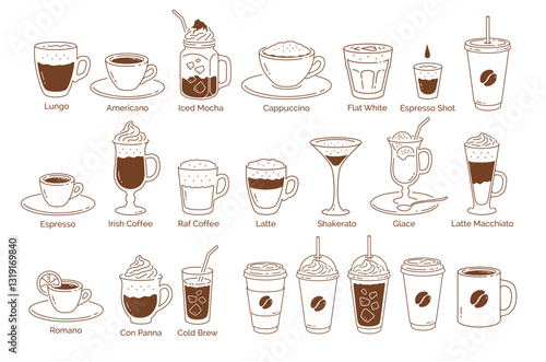 Vector minimalistic brown line art illustration set of coffee cups