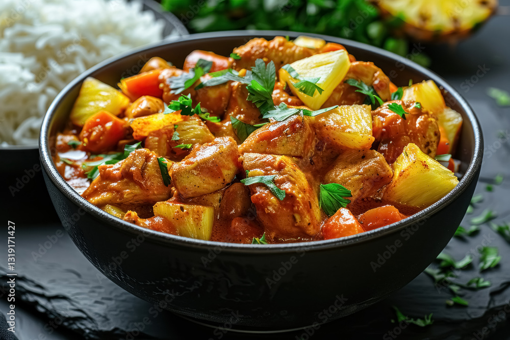 Close-up of delicious chicken curry with pineapple in black bowl served with white rice on slate board, appetizing asian dish Close-up of delicious chicken curry with pineapple in black bowl served with white rice on slate board, appetizing asian dish
