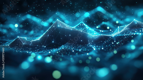 Quantum landscape, digital terrain made of particles, cyan light. Abstract background