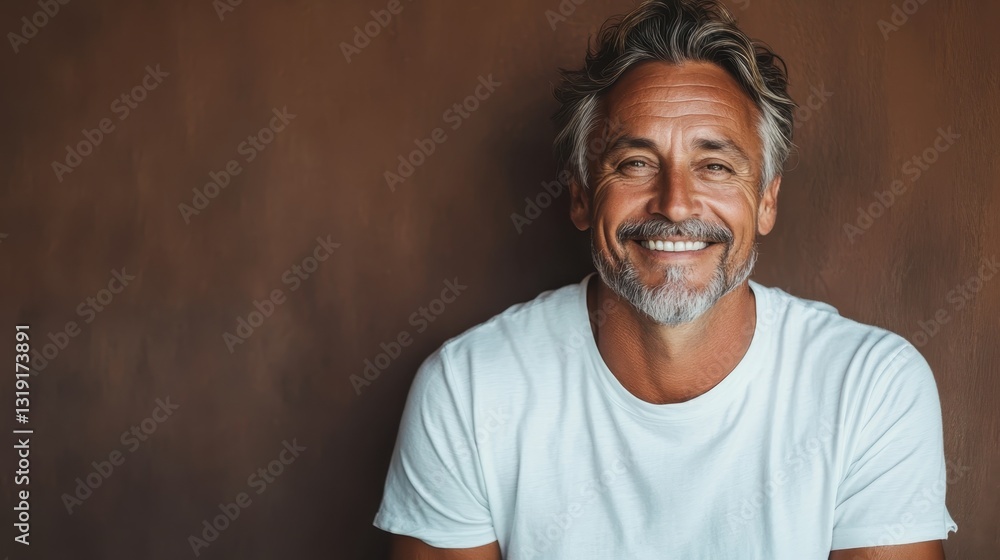 Fototapeta premium A mature man with greying hair radiates wisdom and warmth, smiling gently against a rich, warm-toned backdrop that enhances his approachable demeanor.