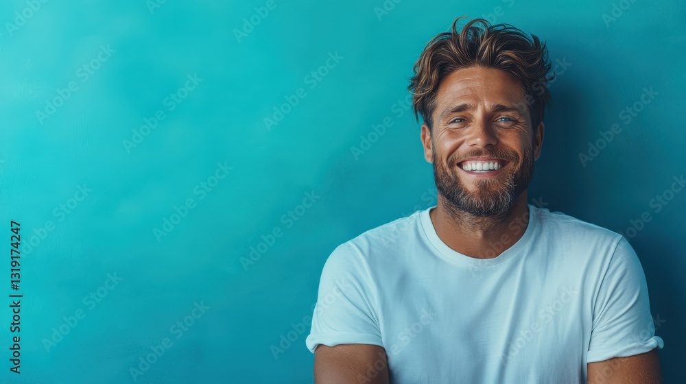 A relaxed young man in a plain white t-shirt, leaning against a turquoise wall, showcasing a warm smile that exudes comfort and assurance in his genuine expression. A relaxed young man in a plain white t-shirt, leaning against a turquoise wall, showcasing a warm smile that exudes comfort and assurance in his genuine expression.