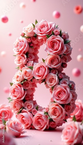 Pink rose number eight on pastel pink background, International Women's Day on March 8th