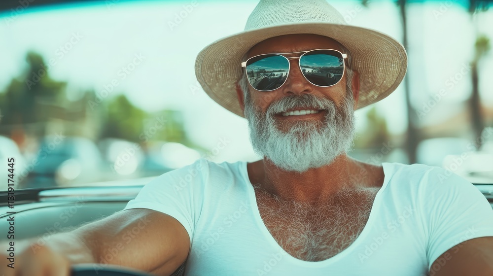 A joyful portrait of an older man smiling while sitting in a convertible car, exuding confidence and happiness as he enjoys a bright sunny day, capturing carefree moments of life. A joyful portrait of an older man smiling while sitting in a convertible car, exuding confidence and happiness as he enjoys a bright sunny day, capturing carefree moments of life.