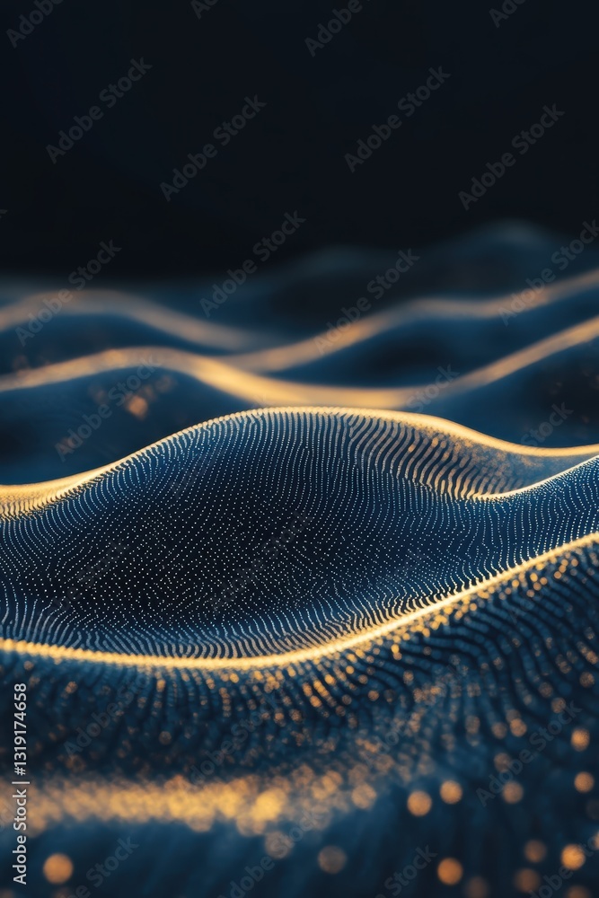 Mesmerizing fluid digital waves shaping into structured artificial neural network with deep blue and shimmering gold tones Mesmerizing fluid digital waves shaping into structured artificial neural network with deep blue and shimmering gold tones