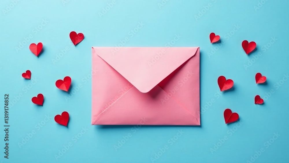 Pink Envelope with Scattered Red Hearts on Light Blue Background A Romantic Message Pink Envelope with Scattered Red Hearts on Light Blue Background A Romantic Message
